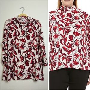 Liz Claiborne 3/4 Sleeve Blouse Women's XL Red/White Floral Funnel Neck Casual